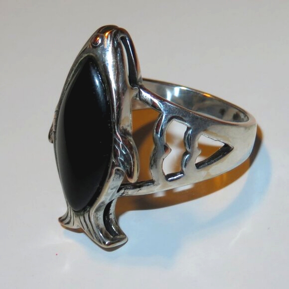 Large Textured Fish Black Onyx Sterling Silver Men Unisex Ring Size 10 - Picture 5 of 17
